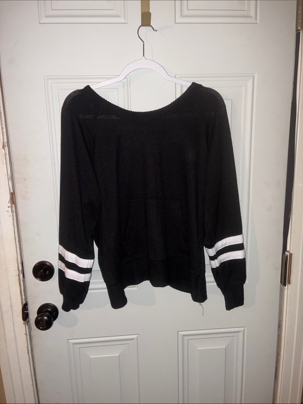 No Boundaries Black Pullover Sweater with White Sleeve Stripes
